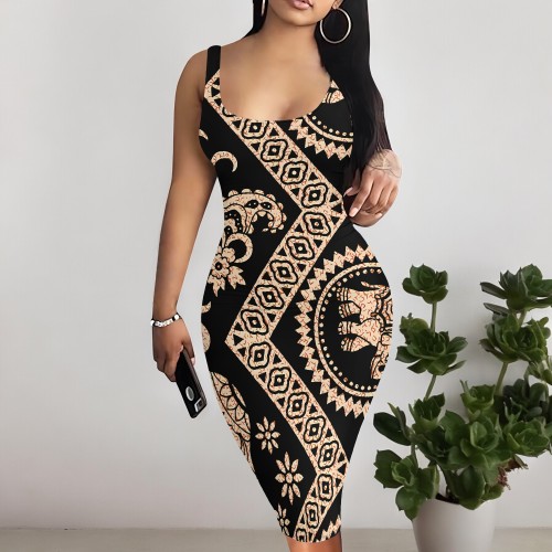 1 Piece Custom Casual Print Sleeveless Midi Dresses