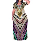 1 Piece Custom Casual Print Crew Neck Short Sleeve Plus Size Long Dress