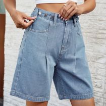 Womens Washed Denim Shorts Long Inseam Stretchy Half Jean
