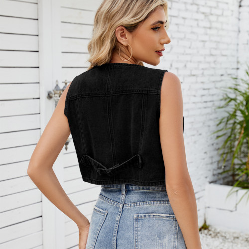 Womens Denim Fitted Cropped Summer Motorcycle Washed Sleeveless Jean Vest