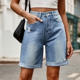 Y2k High Waist Denim Wide Leg Ripped Distressed Jean Shorts with Pockets