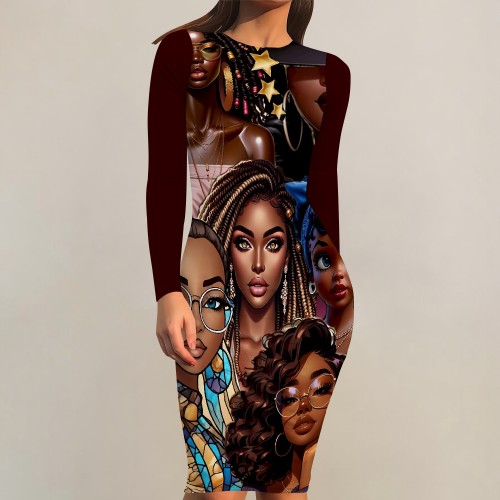 1 Piece Custom Casual Print Crew Neck Long Sleeve Midi Dress