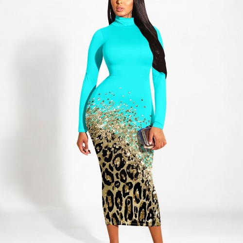 1 Piece Custom Casual Print High Neck Long Sleeve Maxi Dress