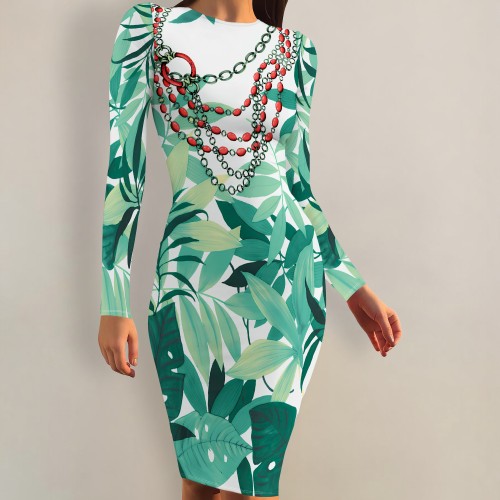 1 Piece Custom Casual Print Crew Neck Long Sleeve Midi Dress