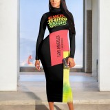 1 Piece Custom Casual Print High Neck Long Sleeve Maxi Dress