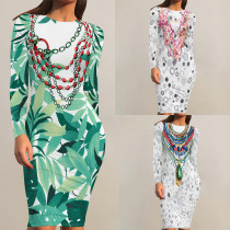 1 Piece Custom Casual Print Crew Neck Long Sleeve Midi Dress