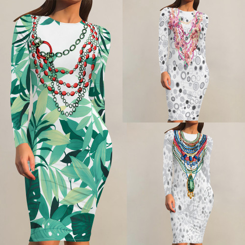 1 Piece Custom Casual Print Crew Neck Long Sleeve Midi Dress