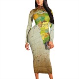 1 Piece Custom Casual Print High Neck Long Sleeve Maxi Dress