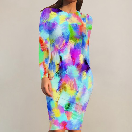 1 Piece Custom Casual Print Crew Neck Long Sleeve Midi Dress