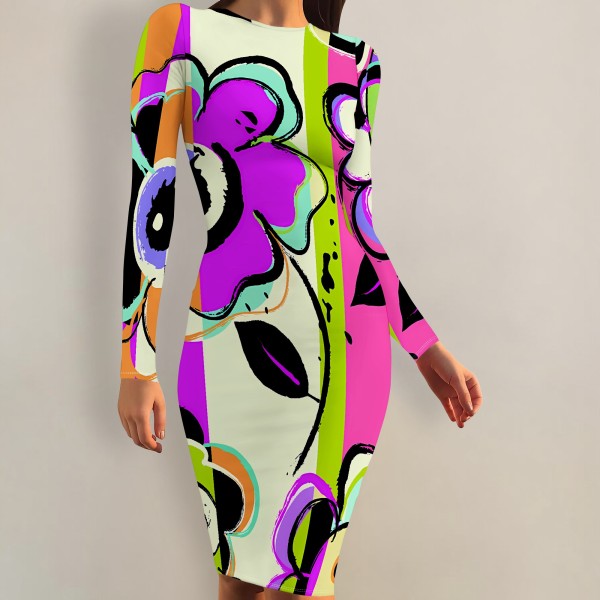 1 Piece Custom Casual Print Crew Neck Long Sleeve Midi Dress
