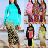 1 Piece Custom Casual Print High Neck Long Sleeve Maxi Dress