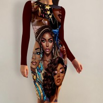 1 Piece Custom Casual Print Crew Neck Long Sleeve Midi Dress