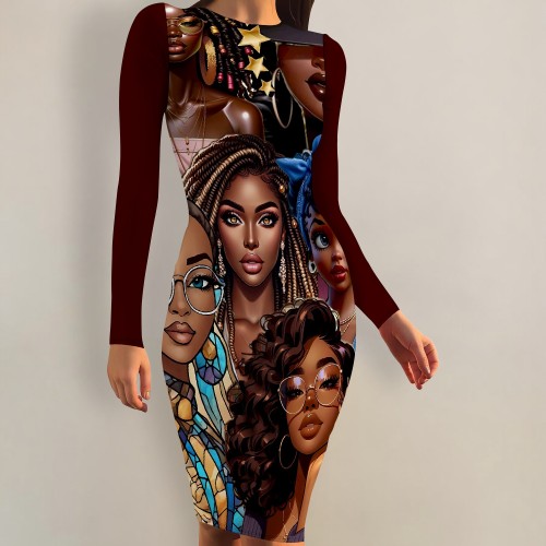 1 Piece Custom Casual Print Crew Neck Long Sleeve Midi Dress
