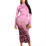 1 Piece Custom Casual Print High Neck Long Sleeve Maxi Dress
