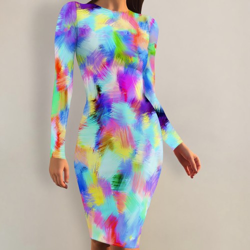 1 Piece Custom Casual Print Crew Neck Long Sleeve Midi Dress