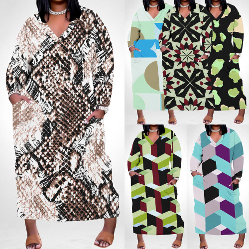 1 Piece Custom Casual Print Crew Neck Short Sleeve Plus Size Long Dress