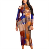 1 Piece Custom Casual Print High Neck Long Sleeve Maxi Dress