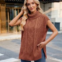 Short Sleeve Knit Side Slit Turtleneck Sweater Vest