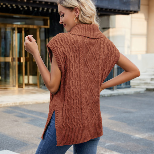Short Sleeve Knit Side Slit Turtleneck Sweater Vest