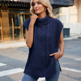 Short Sleeve Knit Side Slit Turtleneck Sweater Vest