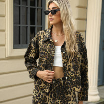 Leopard Denim Coat Women Vintage Button Down Lapel Neck Cropped Jackets