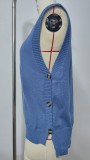 Women's Oversized Buttoned Round Neck Knit Tunic Sleeveless Sweater Vest