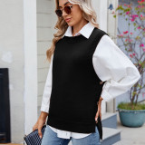 Women's Oversized Buttoned Round Neck Knit Tunic Sleeveless Sweater Vest
