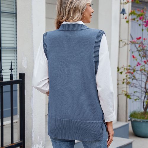 Women's Oversized Buttoned Round Neck Knit Tunic Sleeveless Sweater Vest