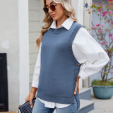 Women's Oversized Buttoned Round Neck Knit Tunic Sleeveless Sweater Vest
