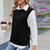 Women's Oversized Buttoned Round Neck Knit Tunic Sleeveless Sweater Vest