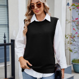 Women's Oversized Buttoned Round Neck Knit Tunic Sleeveless Sweater Vest