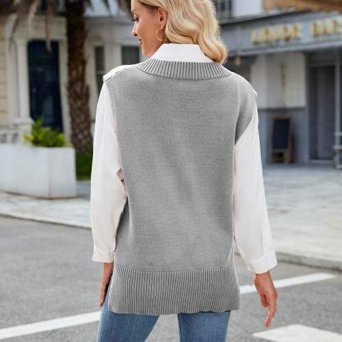 Women's Oversized V Neck Knit Sweater Vest Tunic Sleeveless Pullover Top