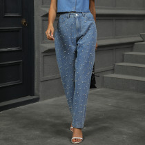 Pearl Detail Straight Jeans with Pockets