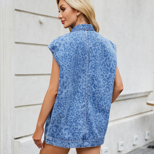 Washed Denim Loose Leopard Print Jacket Vest Top