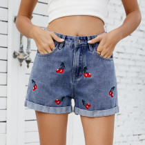 Women's Denim Shorts Cherry Embroidery Wide Leg Summer Jean Shorts