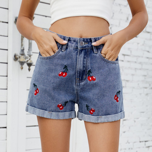 Women's Denim Shorts Cherry Embroidery Wide Leg Summer Jean Shorts