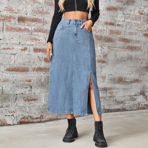 Women's Jean Skirts Denim Cargo Split Hem Y2K Flare Midi Skirts
