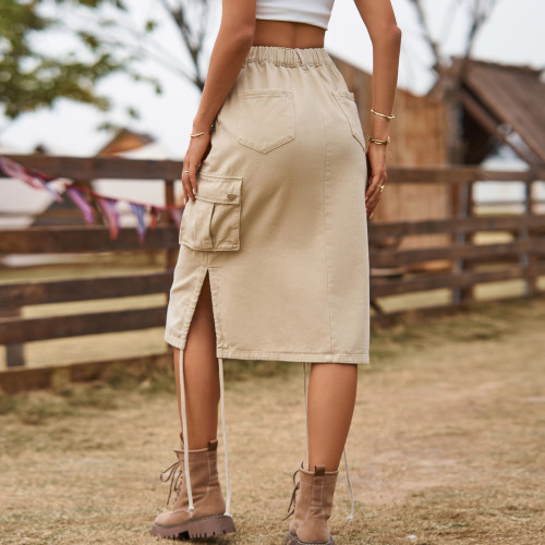 Solid Denim Lace-up Casual Midi Skirt