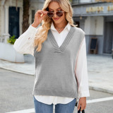 Women's Oversized V Neck Knit Sweater Vest Tunic Sleeveless Pullover Top