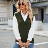 Women's Oversized V Neck Knit Sweater Vest Tunic Sleeveless Pullover Top