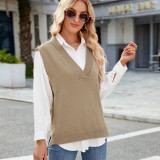 Women's Oversized V Neck Knit Sweater Vest Tunic Sleeveless Pullover Top
