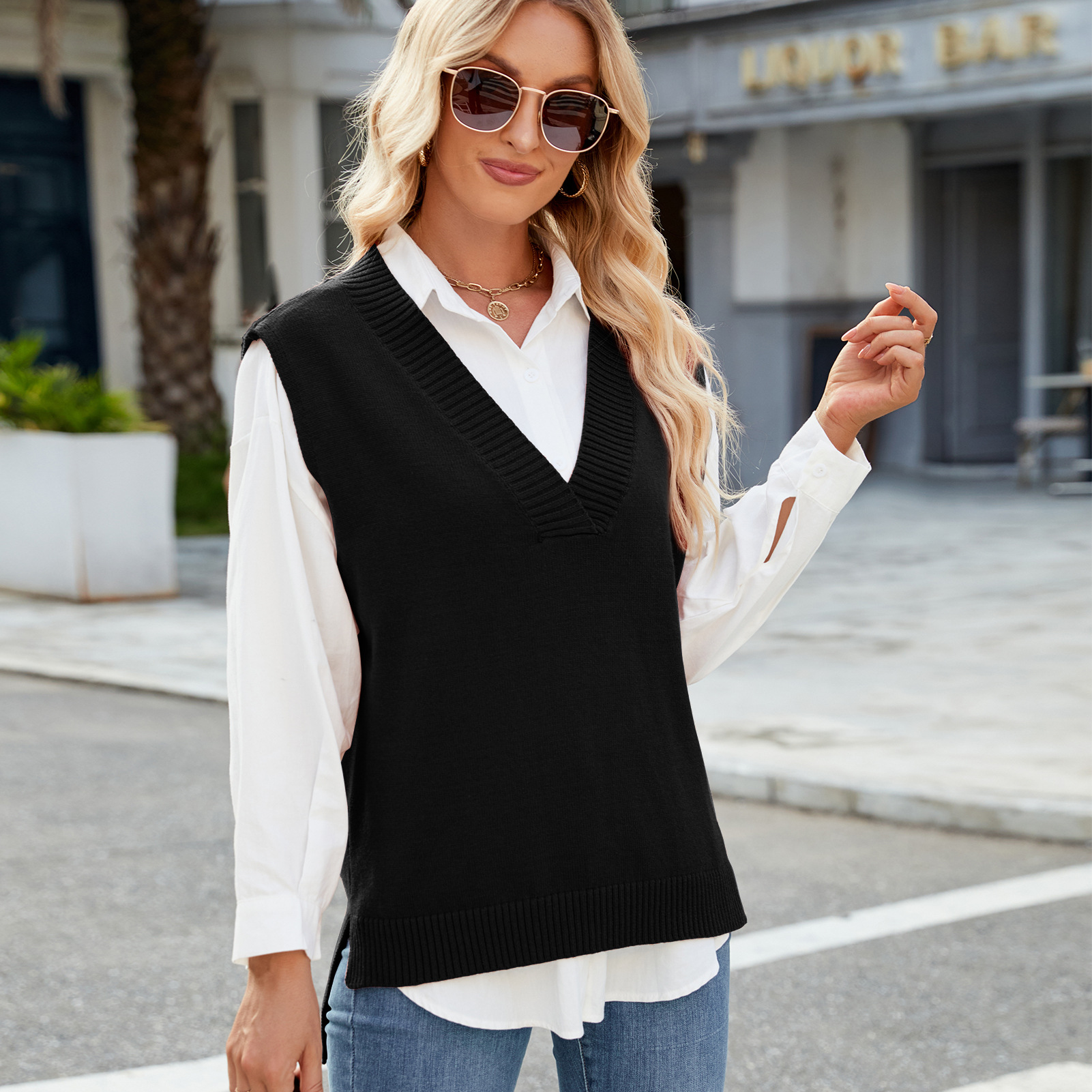 Sleeveless Pullover Womens Oversized Sweater Vest Black Vest Women