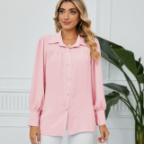 Women Long Sleeve Chiffon Shirt Loose Button Office Lapel Blouse