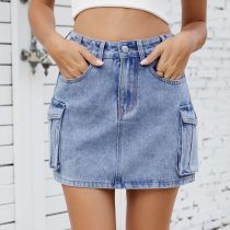 Front Button Multi-Pocket Denim Skirt