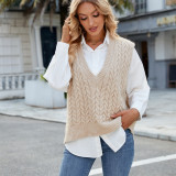 Women's V Neck Solid Pullover Sweater Vest Sleeveless Cable Knit Tank Top