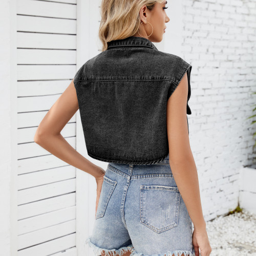 Women's Classic Denim Vest Button Down Sleeveless Cropped Jean Jacket