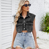 Women's Classic Denim Vest Button Down Sleeveless Cropped Jean Jacket