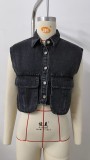 Women's Classic Denim Vest Button Down Sleeveless Cropped Jean Jacket