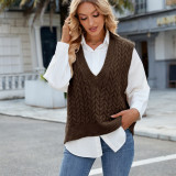 Women's V Neck Solid Pullover Sweater Vest Sleeveless Cable Knit Tank Top