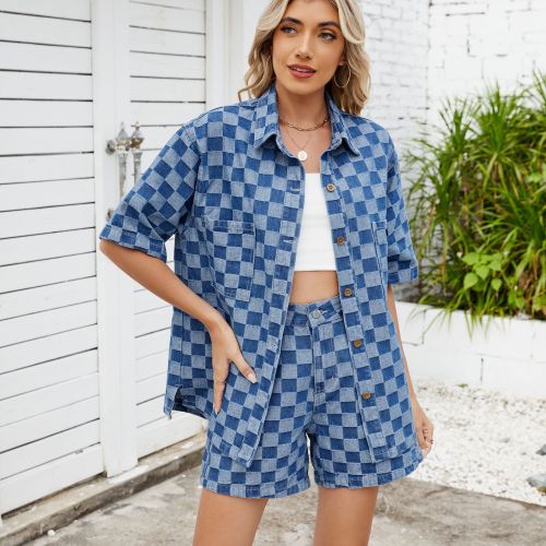 Women's Denim 2 Piece Outfits Plaid Jean Shorts High Waisted Shorts Set